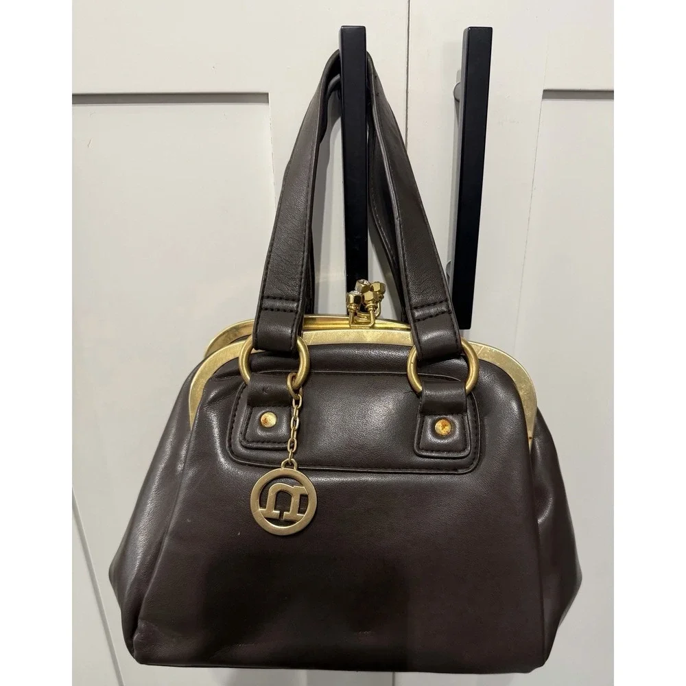 Vtg Necessary Objects Kiss Lock Brown Vegan Leather Handbag Purse